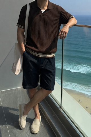 Tarz Cool Oversize Fit Çizgili Triko Polo Yaka Erkek Tişört Ribana Dokulu Premium Yazlık Model Kahverengi