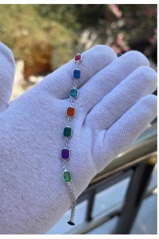 Gümüş Renk Renkli Zirkon Taşlı Özel Tasarım Bileklik 18 Cm