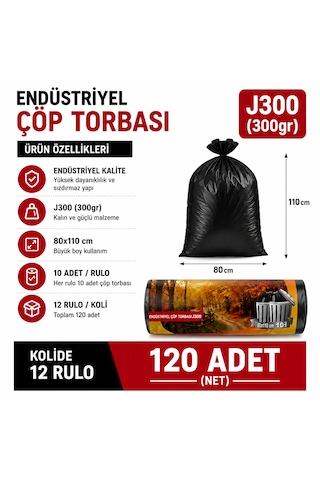 Endüstriyel Jumbo Boy Çöp Torbası 80x110 Cm 12 Rulo - 120 Adet Sızdırmaz Kalın Çöp Poşeti 300gr
