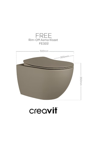 Creavit Free Kanalsız Mat Cappuccino Asma Klozet Fe322, Creavit Free Duck Duroplast Yavaş Kapak Mat Bej