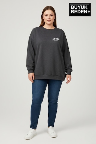 Süperlife Kadın Büyük Beden New York Baskılı Bisilet Yaka İnce Sweatshirt Spr26bswk956-5 Antrasit