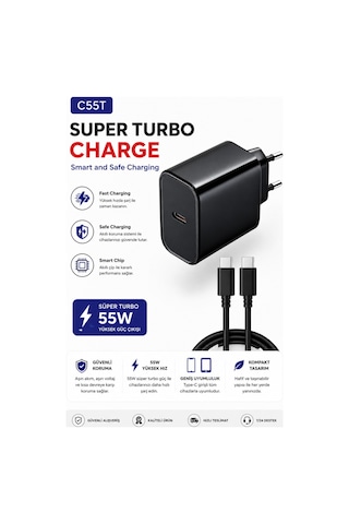 C55t Super Turbo Charge Type C To Type C Kablolu Hızlı Şarj Aleti Süper Fast Charging Smart Chip Safe Charging Type C Adaptör Ve Usb C Şarj Kablosu