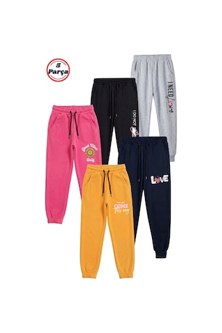 Fyk Kids 5'li Baskı Detaylı Paçası Lastikli Jogger Kız Çocuk Eşofman Altı Gri - Siyah - Fuşya - Lacivert - Sarı