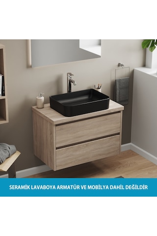 Aqua Bagno Mestola Tezgah Üstü Lavabo Batarya Deliksiz 50x35 Cm Mat Siyah Beyaz