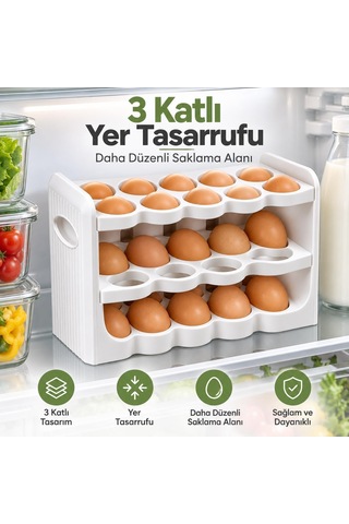 3 Katlı 30'lu Yumurta Organizeri, Plastik, Beyaz, 26x9,5x17 Cm Çok Renkli
