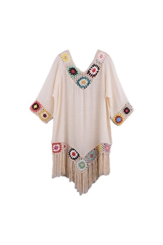 Kayısı Bikini Cover Up Hollow Out Tığ İşi Patchwork Yaz Gevşek Oturan Güneş Koruma Mayo Tunik Plaj İçin Kayısı Açık Bej