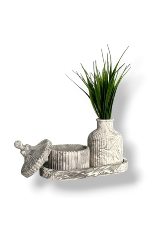 Mermer Desenli Dekoratif Vazo Ve Kapaklı Obje Seti Mermer Desenli
