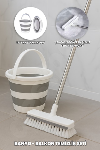 Banyo Balkon Temizlik Seti - Katlanır Temizlik Kovası Yer Fırçası