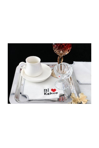 6'lı Gümüş Bi Kahve Desenli Linen Keten Kahve Yanı Sunum Peçetesi