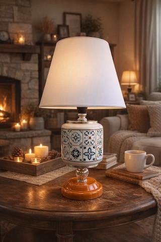 Abajur - Oval Ceramic Desen Beyaz Şapka Gümüş Beyaz - Kahverengi
