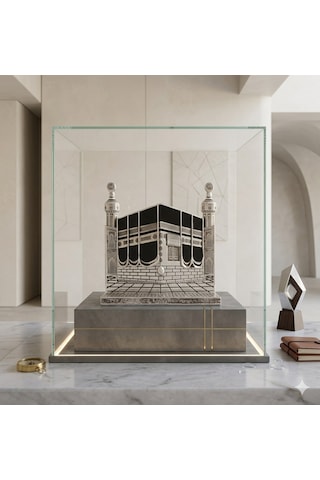 Allah & Muhammed S.a.v Kabe Kapısı Figürlü Özel Tasarım Gümüş Renkli Masa Üstü Biblo 25 Cm