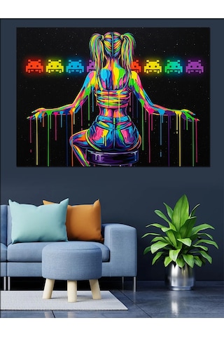 Neon Işıklı Kadın Ve Emojiler İllüstrasyonu Dekoratif Kanvas - Mdf Ahşap Tablo