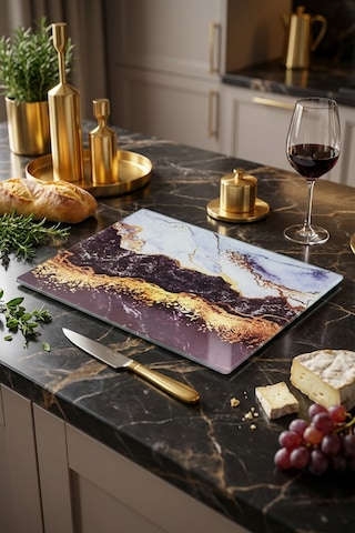 Makri Home Mermer Desenli Cam Kesme Tahtası 25 35 Cm Siyah