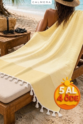 Calmera Çizgili Peştemal Pamuk - Doğal Saçaklı Plaj, Deniz, Havuz, Spa, Sauna, Spor, Seyahat Havlu Sarı