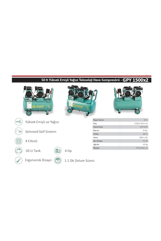 Gap Kompresör Gpy1500x2 4 Hp 8 Bar 50 Lt Sessiz Yağsız Kompresör