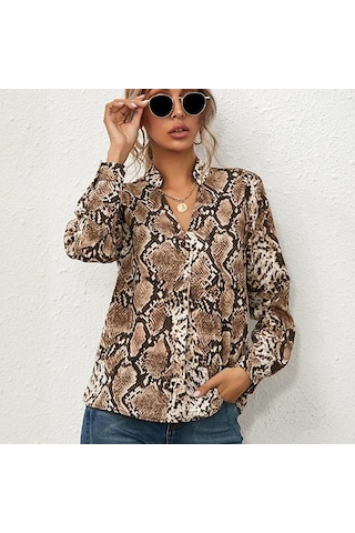 Baskı Yılan Vintage Kadın Uzun Kollu Gömlek İlkbahar Ve Sonbahar Moda Rahat Kadın Bluz Ofis V Yaka Kadın Gömlekleri Üst Giyim 22096 Gri