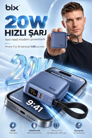 Exenar - Açık Gri - Mini Powerbank 10000 Mah Cep Boy Taşınabiler Hızlı Şarj Pd 20w Dijital Göstergeli Type-c Kablolu 21230543