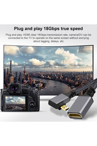 Mikro Hdmı Erkek Dirsek - Hdmı Dişi 4k Uhd 18gbps Bağlantı Kablosu, Uzunluk: 20cm Gri