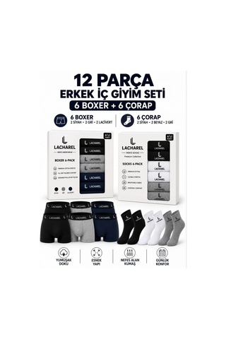 Veraura Lifestyle Erkek 12li İç Giyim Seti Pamuklu 6 Boxer 6 Çorap Çoklu Paket - Siyah - Lacivert - Gri - Beyaz Çok Renkli
