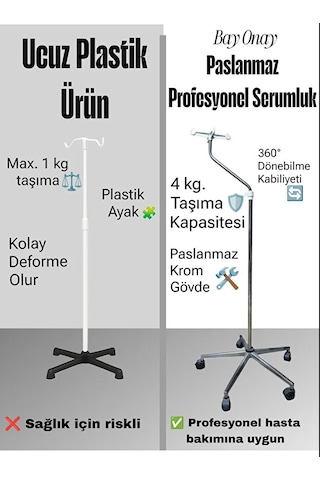Paslanmaz Krom 5 Ayaklı Serum Askılığı Ayarlanabilir Yükseklik, 360 Hareket Kabiliyeti