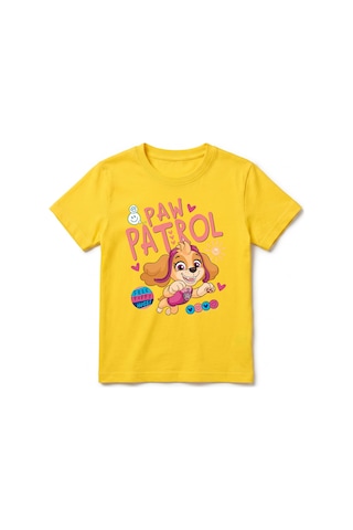 Urbantrendstore Paw Patrol Özel Tasarım Unisex Kız Çocuk Erkek Çocuk Bisiklet Yuvarlak Yaka Basic Kısa Kollu %100 Pamuk Tişört Sarı