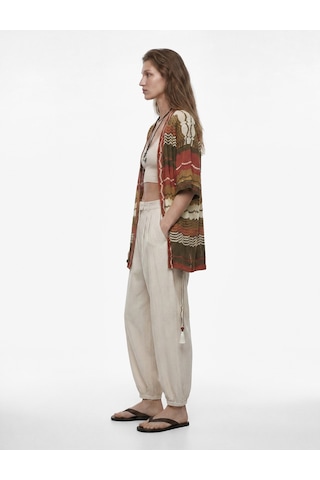 Koton Pointelle Örgü Kısa Kollu Kemerli Desenli Oversize Kimono Hırka Haki Desenli 6sak30075ek