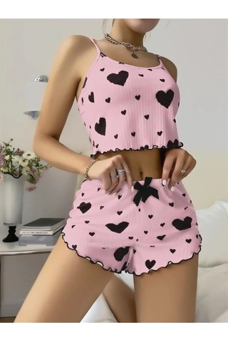 Atyticaret Kadın Pamuklu Pembe Üstüne Siyah Desenli Askılı Fitilli Şortlu Pijama Takımı