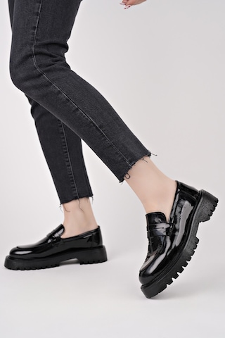 Muggo Paradise Hakiki Deri Kalın Taban Günlük Casual Makosen Kadın Loafer Ayakkabı Siyah Rugan