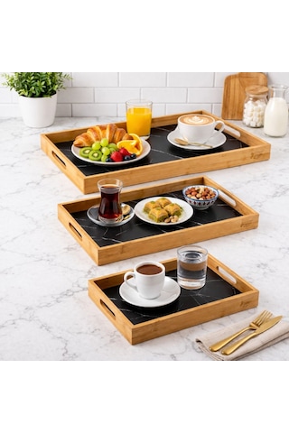 Bambum 3 Lü Ahşap Servis Tepsisi Seti 23x35 28x40 33x45 Koyu Lacivert Mermer Desen Ahşap X Koyulacivert