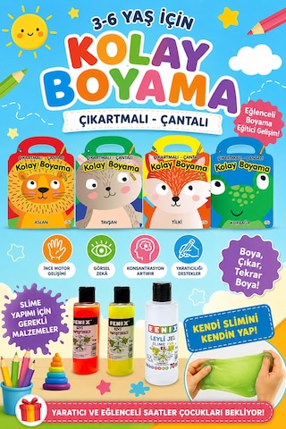 3-6 Yaşa Uygun Kolay Boyama Çıkartmalı Çantalı Set - 4 Kitap