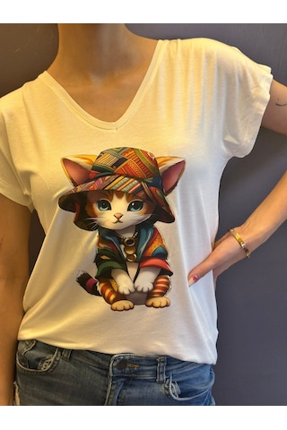 Etnik Kedi Baskılı V Yaka Kadın T-shirt Beyaz