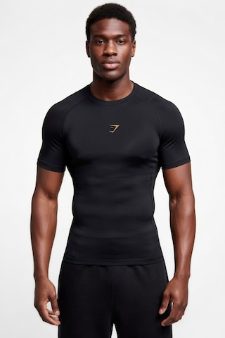 Premium Shark Gold Logo Siyah Kısa Kol Compression Erkek T-shirt Spor Gym Fitness Boks Kickboks 2 Siyah