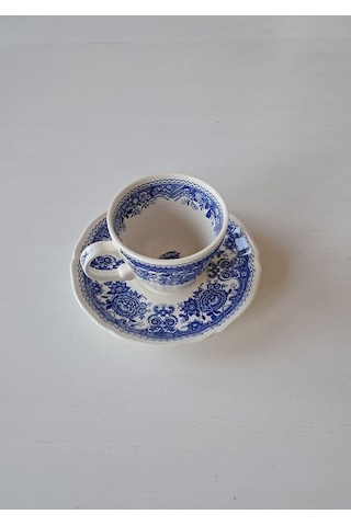 Vintage Burgenland Çiçek Desenli Antika Çay Fincanı Seti Mavi Mavi