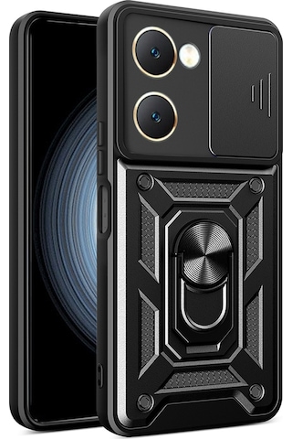 Techaks Vivo Y18 Kılıf Magnetik Standlı Kamera Korumalı Zore Sürgülü Vega Kapak - Siyah Siyah