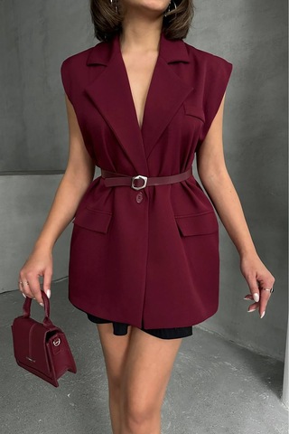 Neşeli Butik Kadın Salaş Kemerli Kolsuz Blazer Ceket Nbg076 Bordo