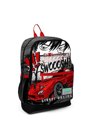 Coral High Kids Siyah Kırmızı Anime Araba Desenli Dört Bölmeli Okul Sırt Çantası 23747