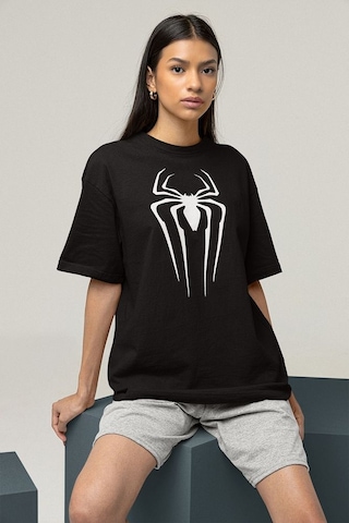 Spider-man Logo Baskılı Unisex Tişört, Oversize Marvel Örümcek Ad Siyah