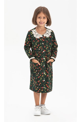 Uzun Kol Asya Yakalı Çocuk Pazen Elbise Çiçek Desen Yeşil