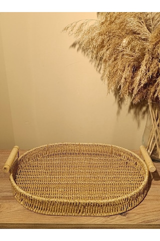 Hasır Rattan Bambu Kulplu Örme Tepsi Geniş Boy Oval Diğer