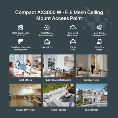 Festa F65, Ax3000mbps, 1 Gigabit Port, Festa Mesh, Kesintisiz Dolaşım, Mu-mımo, 250 Cihaza Kadar Bağanlantı, Bulut Yönetimi, Poe+ Destekli, Dual-band Wi-fi 6 Tavan Tipi Access Point