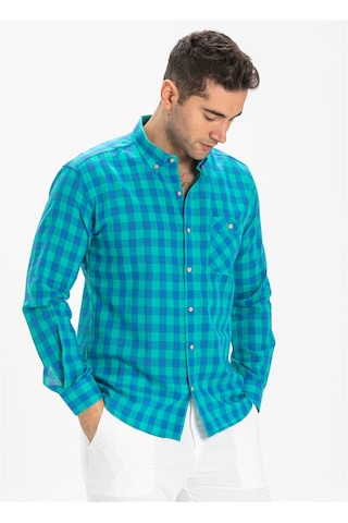 Uzun Kol Dar Kalıp Şile Bezi Tek Cepli Erkek Gömlek Mint Kareli 3 Mint