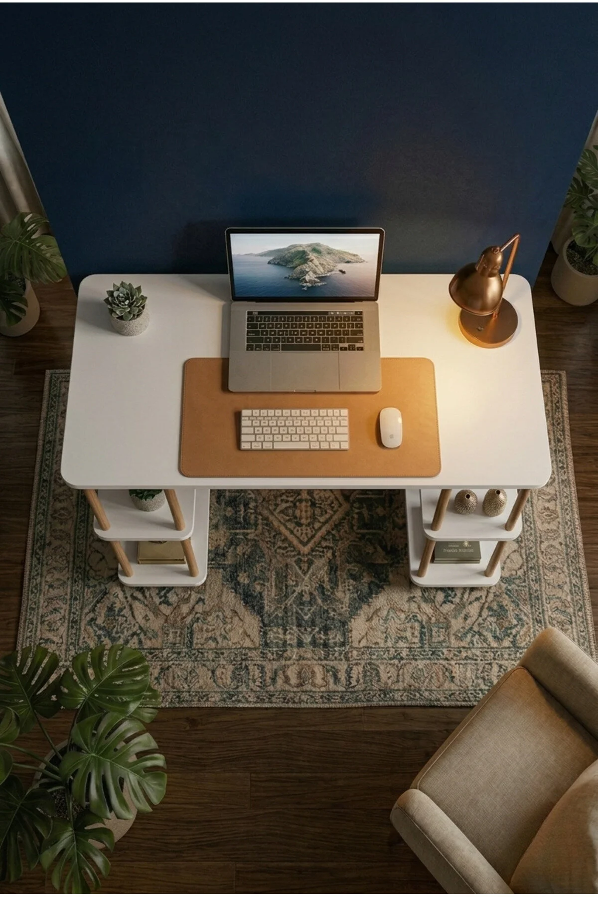 Kitaplıklı Bilgisayar Masası Raflı Geniş Çalışma Masası Modern Dekoratif Ofis Mobilyası Beyaz
