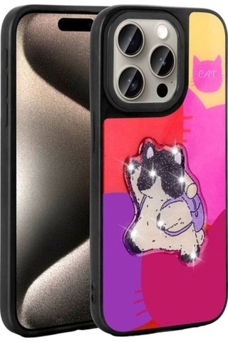 Apple Uyumlu iPhone 15 Pro Max Kılıf Parlayan Kabartmalı İkonik Figürlü Zore Amas Silikon Kapak Mor