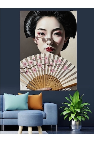 Geyşa Yüzü Japon Yelpaze Dekoratif Kanvas - Mdf Ahşap Tablo