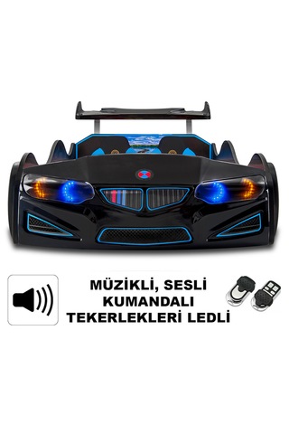 Gt1 - Bazalı Arabalı Yatak - Kumandalı, Sesli, + Elif Yatak 90x190 Cm - Siyah Tek Kişilik