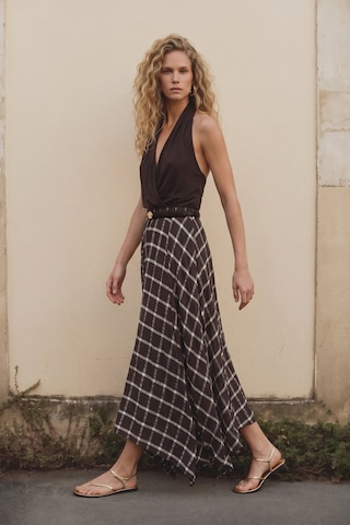 Sateen Uzun Ekose Etek - Kahve-137708
