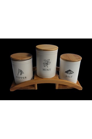 Bambu Köprü Standlı 3'lü Baharatlık Seti Beyaz