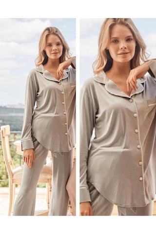 Bone Club 5126 Gri Noktalı Önden Düğmeli Lohusa Pijama Tk 001