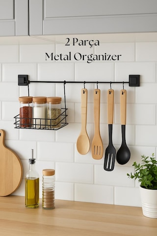 2 Parça Metal Askılı Mutfak Organizeri & Mutfak Rafı & Sepet Siyah