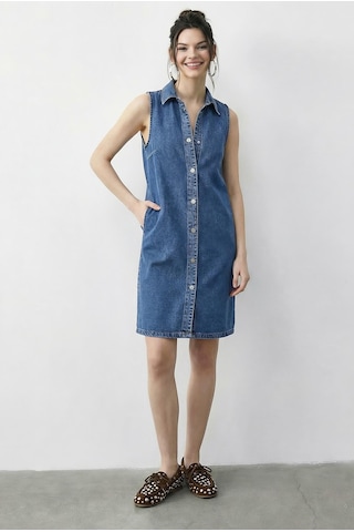 Shade Kadın Çıtçıt Kapamalı Cep Detaylı Gömlek Yaka Denim Elbise 5534 60286004 - Mavi